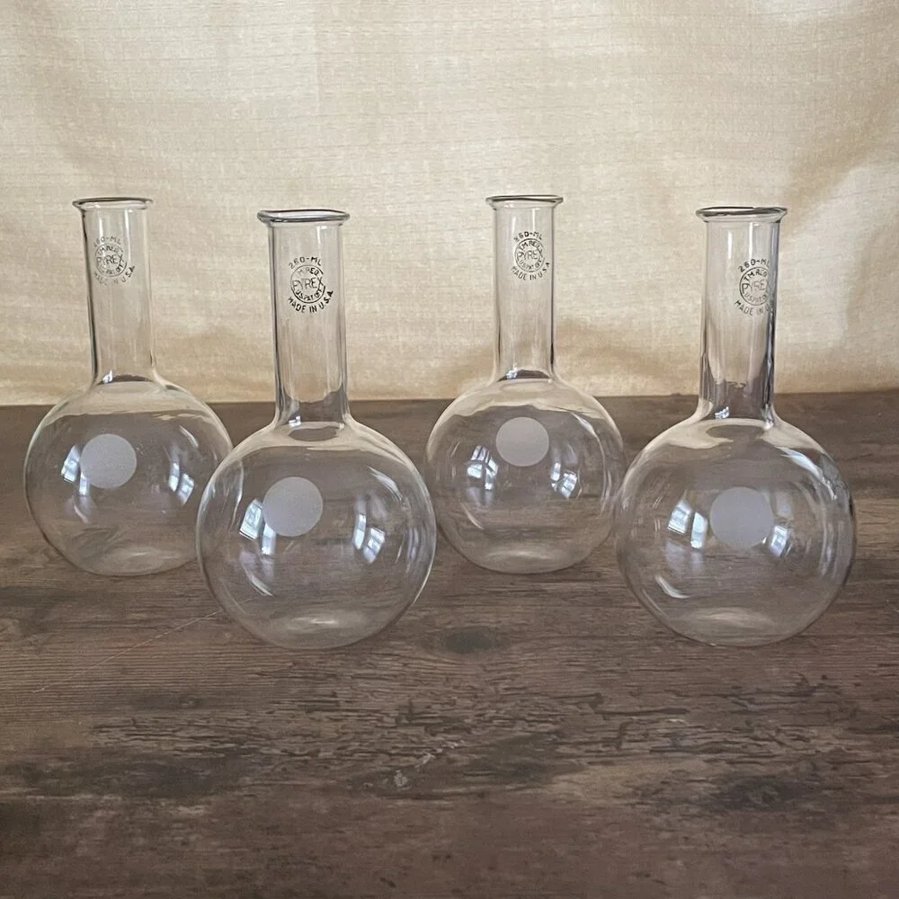 Vintage Pyrex Lab Flasks 250 ML Set of 4 Apothecary Flat Bottom Propagation Vase